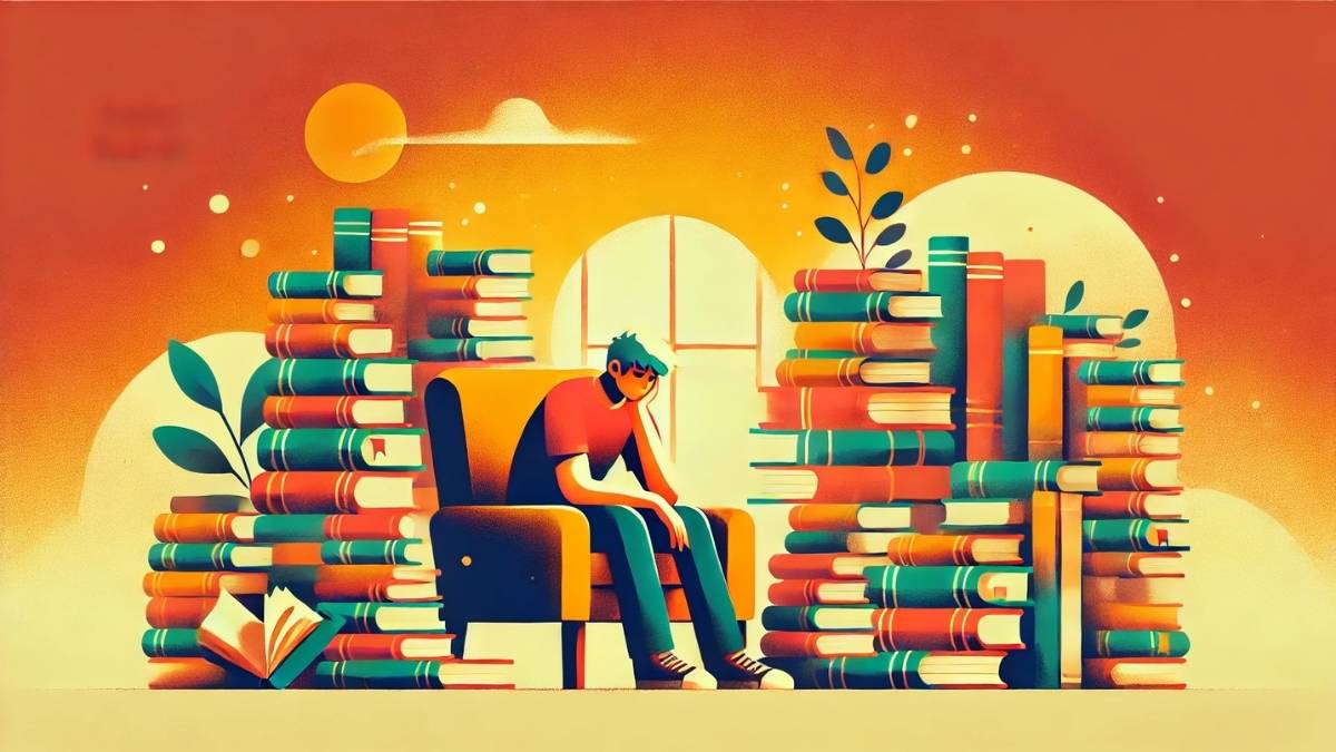 homem sentado com livros em volta com sentindo ressaca literária